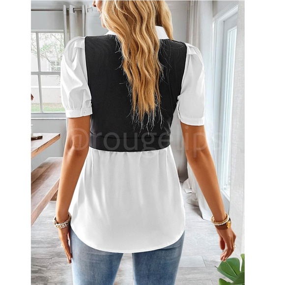 2 in 1 Black Knit Vest on White Button Down Shirt Short Sleeve - Picture 3 of 6